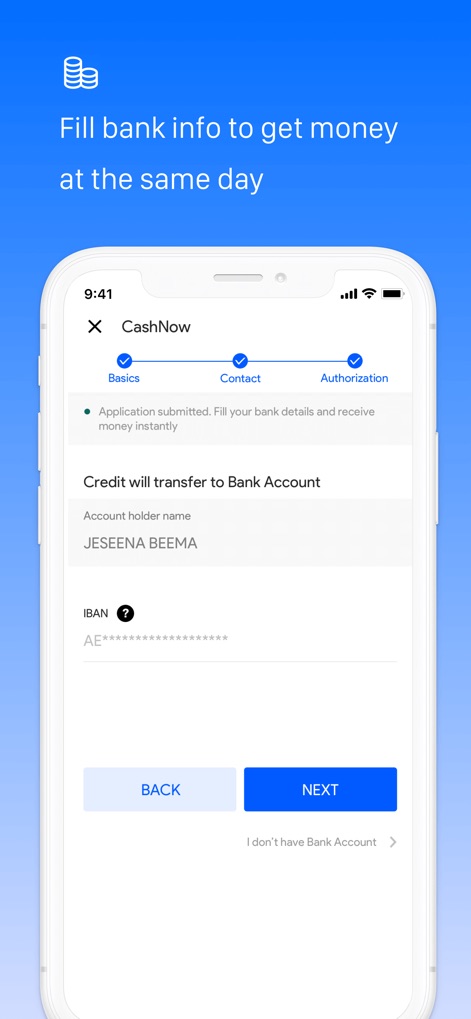 CashNow-Safe Loan App - Users can easily input their bank account details, including account holder name and IBAN, with clear navigation buttons ensuring a smooth fund transfer setup.