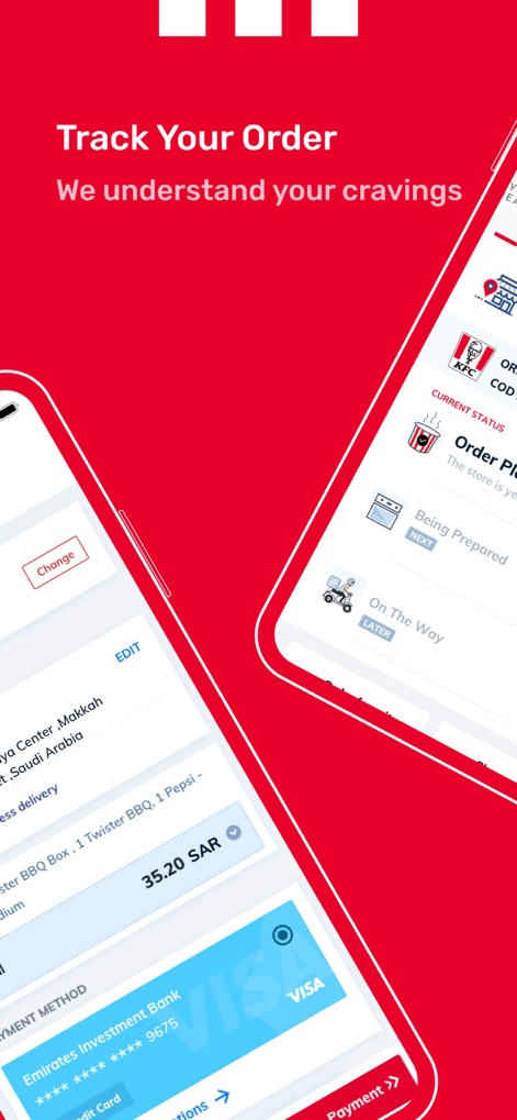 KFC Saudi Arabia - Users can monitor their order's journey with a clear 'Current Status' display and visualize its progress through stages like 'Being Prepared' and 'On The Way'.