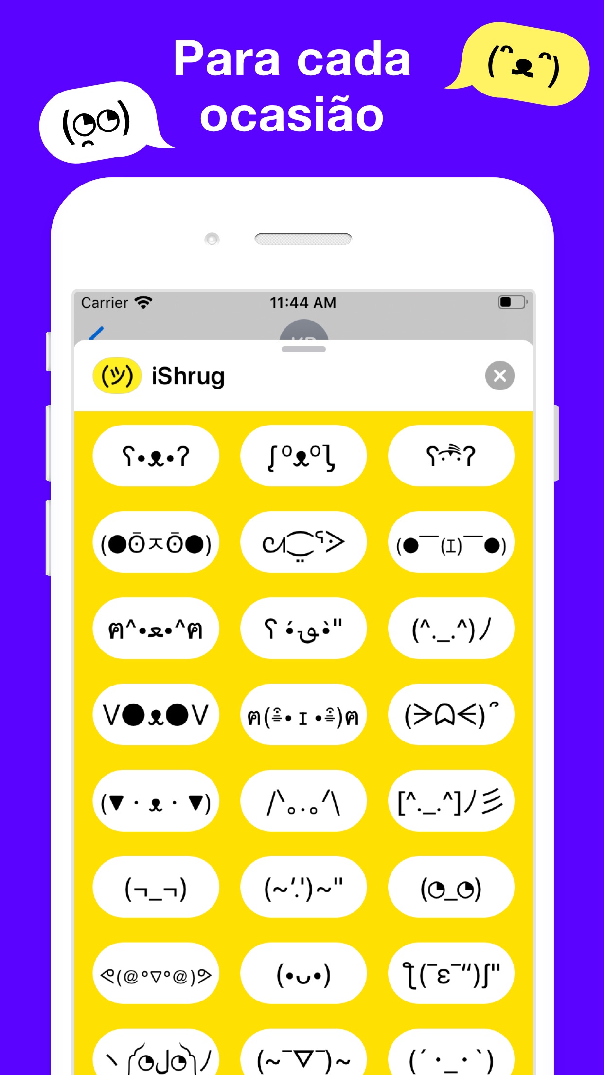 Screenshot do app iShrug: Kaomoji e Arte ASCII