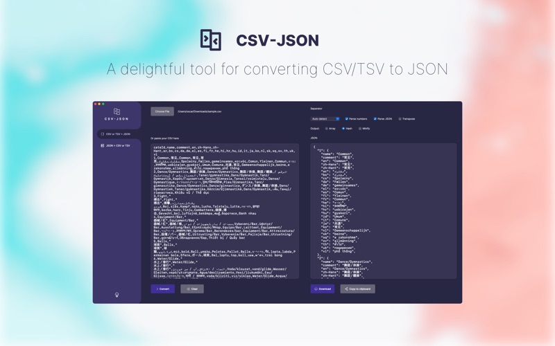 CSV-JSON app screenshot