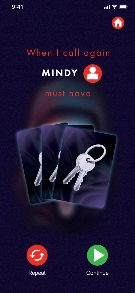 Scream The Game - 이 화면은 "MINDY"에게 부여된 특정 게임 목표를 보여주며, "keys" 카드가 다음 단계에 필수적인 시각적 요소로 제시됩니다.