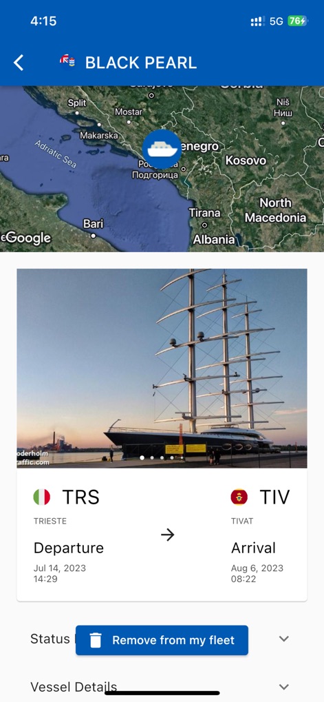 Ship Tracker - Users can access detailed vessel information, including a ship's image and its departure and arrival schedules.
