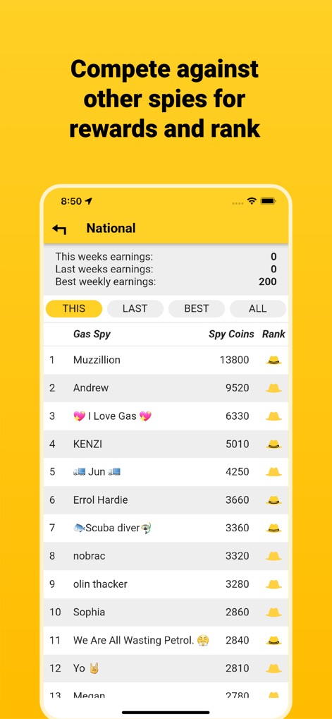 Gaspy - The app fosters friendly competition within its 'Carmunity', featuring a dynamic leaderboard that ranks users by their 'Spy Coins' and displays their relative standing.