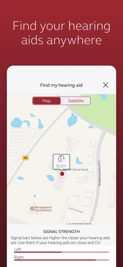 ReSound Smart 3D - The app helps users find misplaced hearing aids by displaying their location on a map and providing Signal Strength indicators for precise tracking.