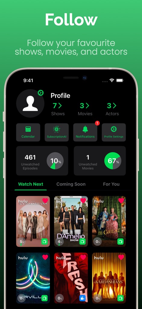 Originals for Hulu - The profile dashboard allows users to manage their followed shows, movies, and actors, while quick access to "Notifications" keeps them informed about updates.