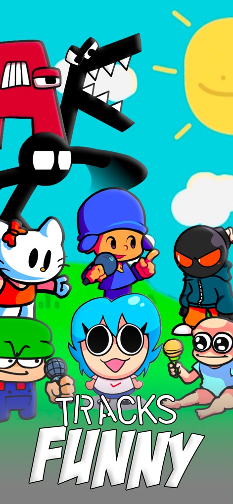 World Music Battle - Explore the lighter side of rhythm battles, highlighting charming characters like Hello Kitty and the 'TRACKS FUNNY' selection for delightful gameplay.