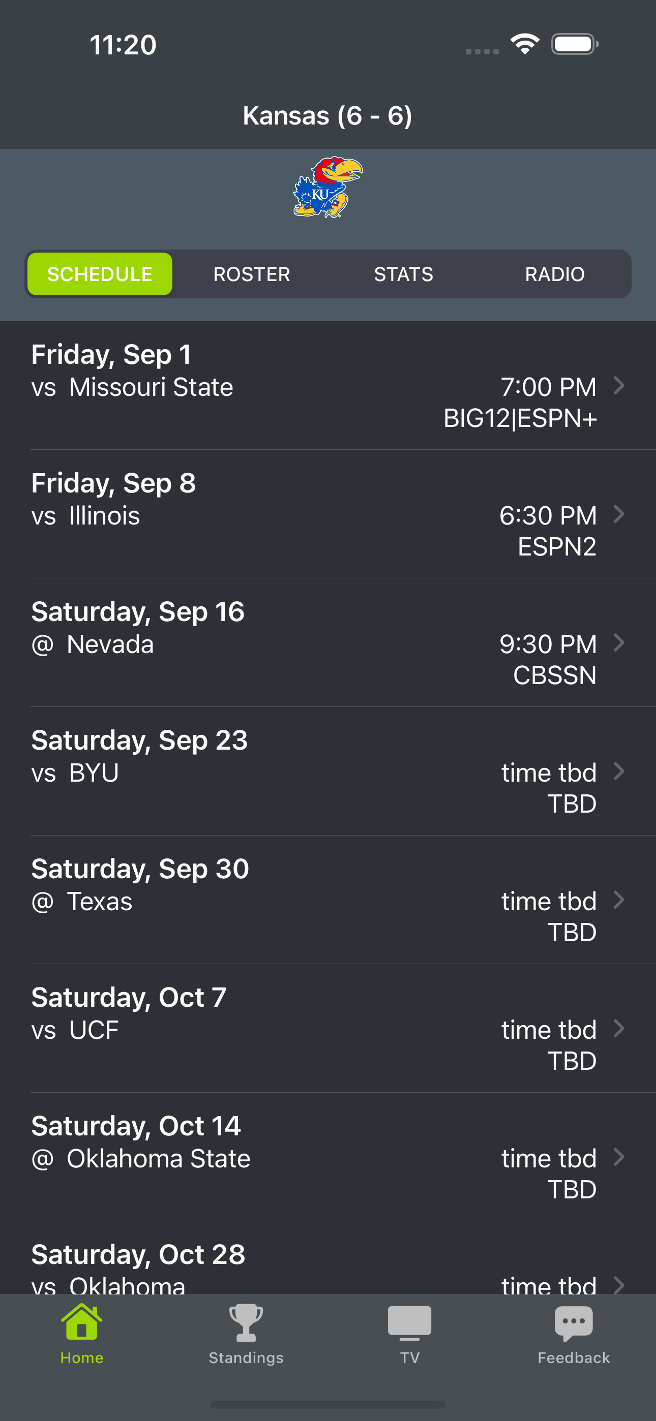 Kansas Football Schedules