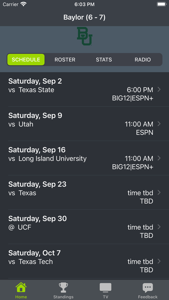 Baylor Football Schedules