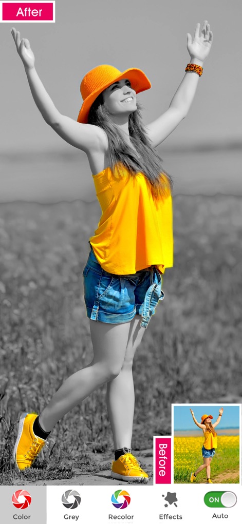 Photo Splash photo editor app - Discover how users can easily isolate and colorize key elements like clothing and accessories, showcased alongside a convenient 'Before/After' comparison to highlight the transformation.
