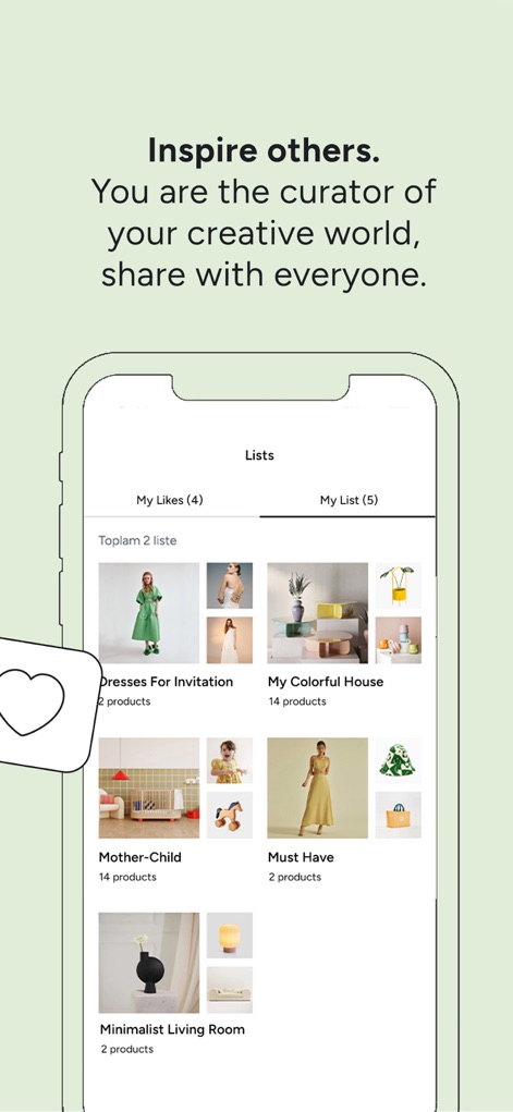 Hipicon - Better by Design - Users can curate their creative world through the 'Lists' feature, organizing products into collections like 'My Likes' and custom 'My List' compilations.