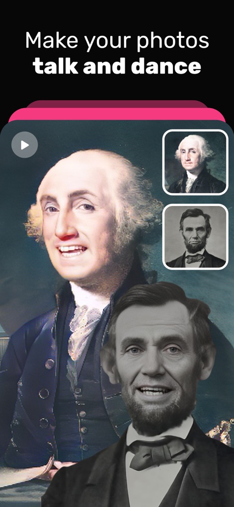 Mimic - AI Photo Face Animator - Cet outil transforme des portraits historiques en performances vivantes, montrant une animation hilarante de George Washington et des options pour d'autres figures emblématiques comme Abraham Lincoln.