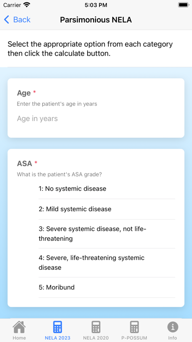 Perioperative Risk Calculator Screenshot