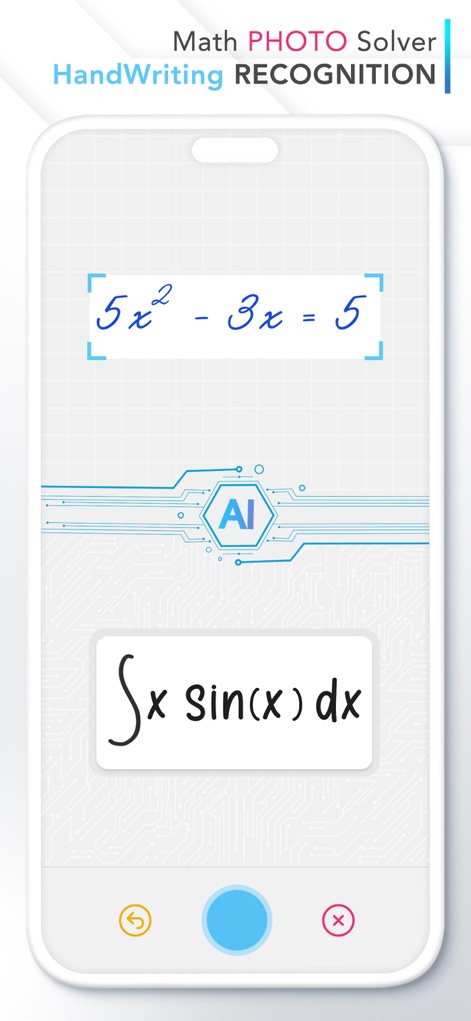 Calculator # - Esta tela destaca a capacidade do aplicativo de reconhecer equações através de fotos ou escrita manual, processando problemas como '5x^2 - 3x = 5' e integrais como '∫x sin(x) dx' com auxílio de IA.