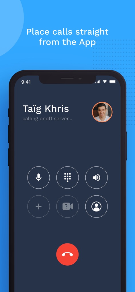 Number — by Onoff - The tool facilitates direct communication, showcasing comprehensive in-call controls such as microphone muting and a clear hang-up option.
