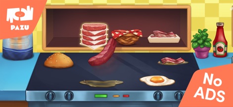 Burger Maker Kids Cooking Game - Die App präsentiert die Vorbereitung auf dem Grill, wo Nutzer saftige Burger-Patties und knusprigen Speck braten können, ergänzt durch ein perfekt gebratenes Spiegelei.