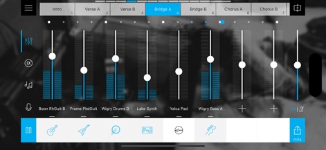 Music Maker JAM - This tool provides an intuitive 8-channel mixer, showcasing precise control with individual track faders and a clear display of song structure segments.