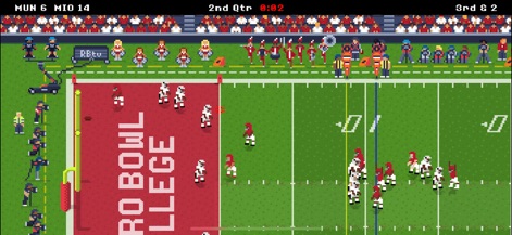 Retro Bowl College - Experience the vibrant pixel art players and the classic scoreboard display, providing an immersive view of the intense college football simulation.