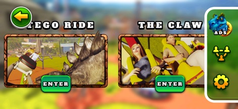 Roller Coaster VR Theme Park - Browse the ride selection interface, presenting options like 'Tego Ride' and 'The Claw' with visual previews and 'Enter' buttons.