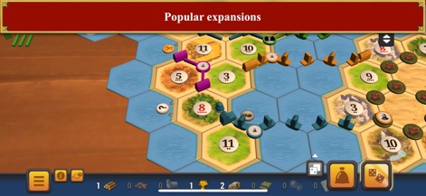 Catan Universe - The app showcases diverse game pieces and resource configurations, indicative of the popular expansions available to players.