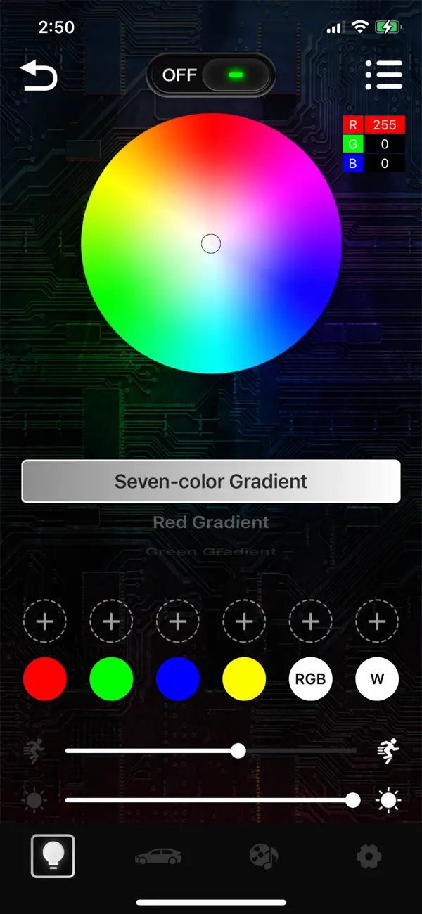 MOTOAUTO app color wheel with color presets, effect selection, speed and brightness sliders