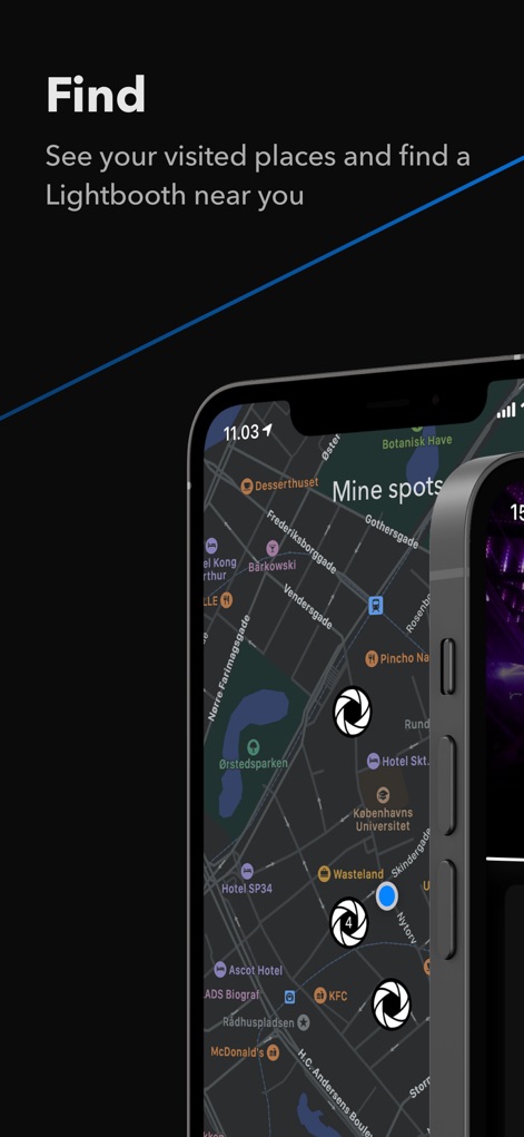 Lightbooth - Les utilisateurs peuvent découvrir des lieux via une carte interactive, signalant les Lightbooths par des icônes d'appareil photo et affichant leur position actuelle.