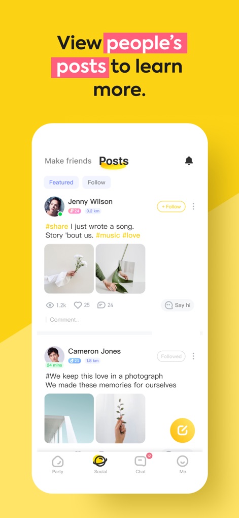 Partying - Games, chats, text - Users can explore a dynamic "Posts" feed, featuring shared images and engaging text updates from other community members.