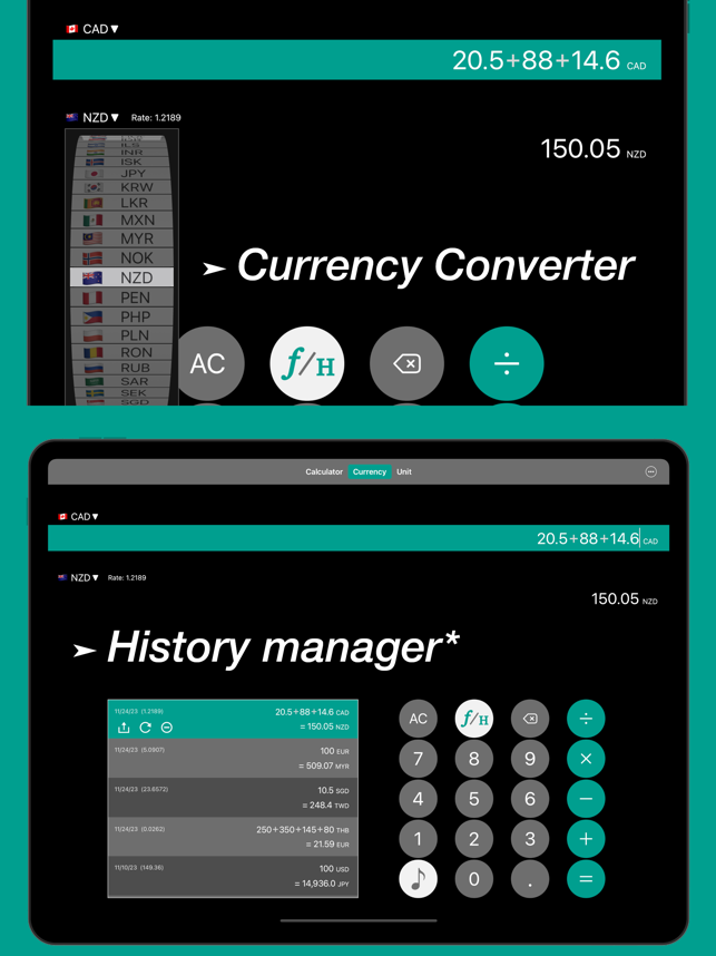 Snímek obrazovky Kalkulačka – Měna – Jednotka