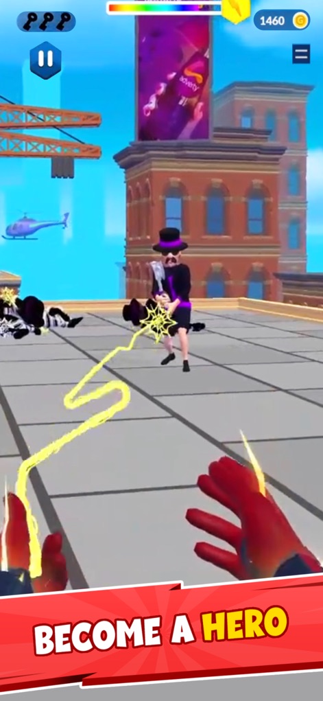 Web Master 3d! - Witness the hero in action, using powerful web attacks against a distinctive purple-clad villain on a rooftop, with the sprawling city skyline as a backdrop.