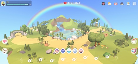 My Oasis: Anxiety Relief Game - Un majestuoso arcoíris se extiende por el cielo sobre un paisaje montañoso con una cascada, mientras que la interfaz de usuario revela iconos de personalización y una serie de notas musicales que controlan el entorno.
