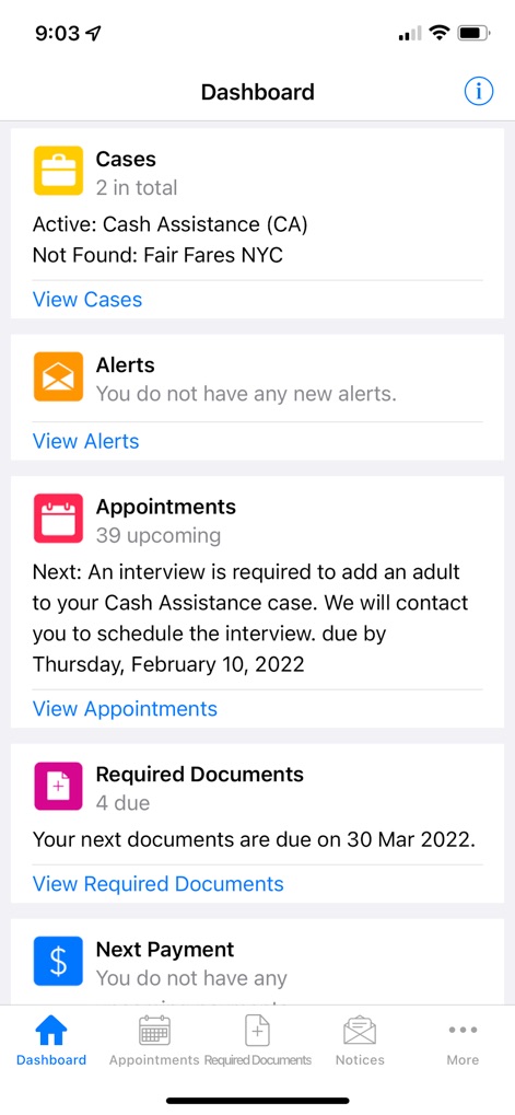 NYC ACCESS HRA - The app's central dashboard provides an at-a-glance view of active 'Cash Assistance (CA)' status and a clear summary of '39 upcoming' appointments with due dates.