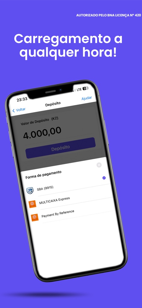 PayPay AO - This tool facilitates straightforward deposits with a clear 'Valor de Depósito (KZ)' input field and multiple convenient payment options like 'MULTICAIXA Express'.