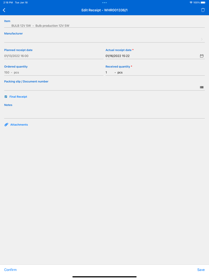Infor LN Project Receipts