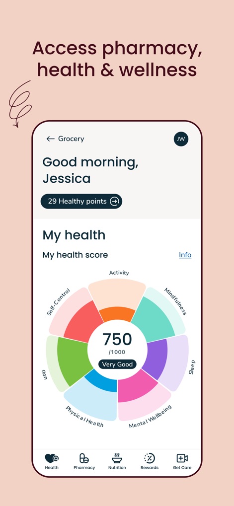 Safeway Deals & Delivery - このアプリの「ヘルス」セクションでは、ユーザーはパーソナライズされた健康スコアを視覚的に確認でき、栄養や睡眠などの複数のウェルネス指標を追跡できます。