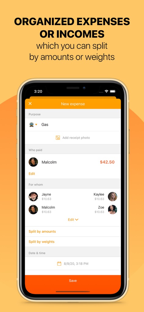 Settle Up - Group Expenses - The app provides flexible splitting options by amounts or weights, complemented by the ability to attach receipt photos for clear record-keeping.