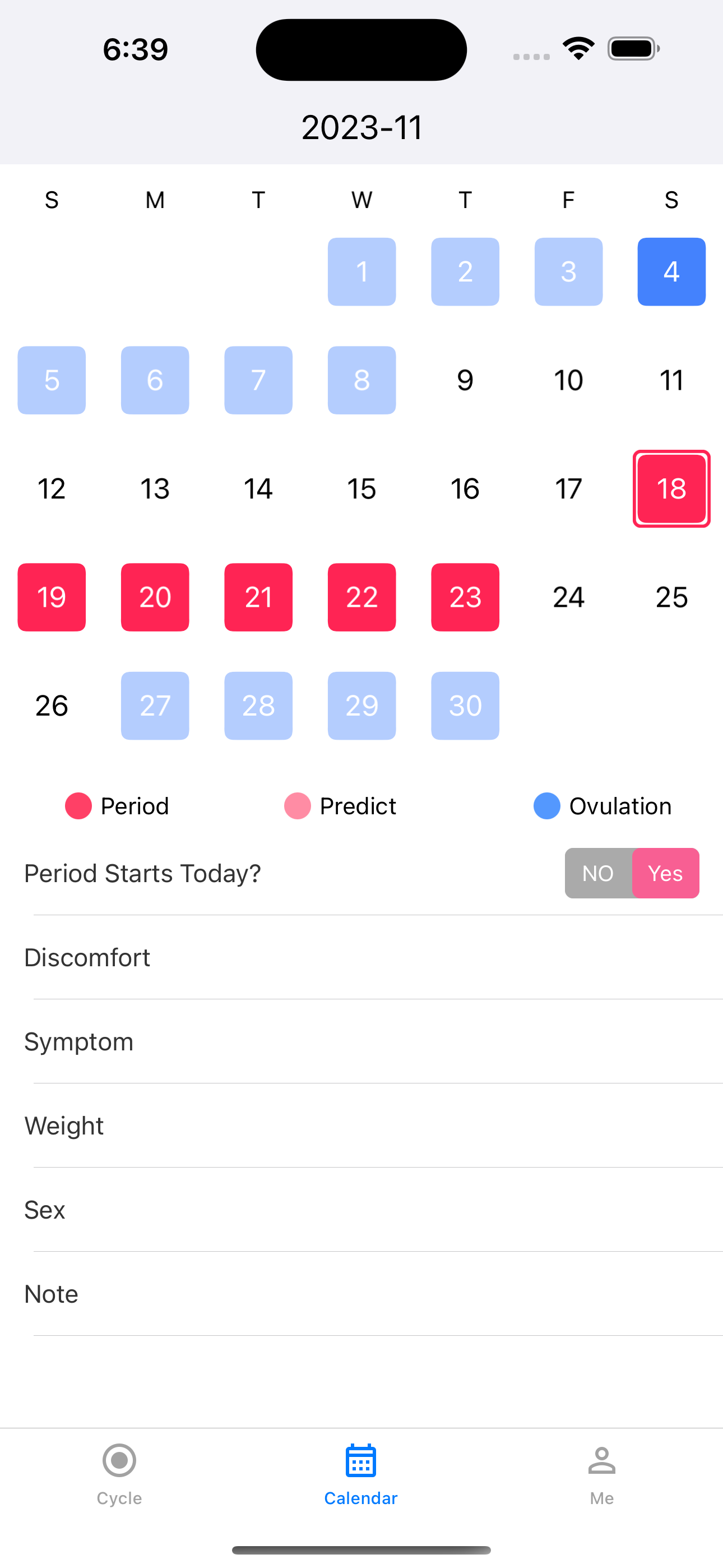 Cycle Tracker Calendar