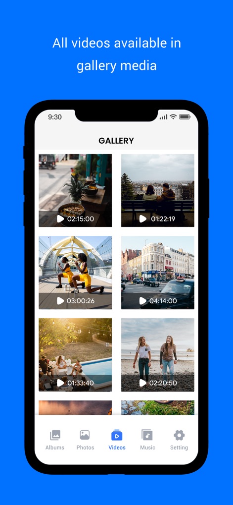 Gallery : Media File Manager - Esta herramienta presenta todos los videos del dispositivo en un formato de cuadrícula, mostrando claramente la duración de cada clip y permitiendo una gestión eficaz desde la pestaña "Videos" de la barra de navegación.