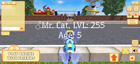 Cute Pocket Cat 3D - Part 2 - L'application intègre une interface de discussion pour échanger avec d'autres joueurs et affiche les statistiques détaillées du chat, comme son niveau et son âge.
