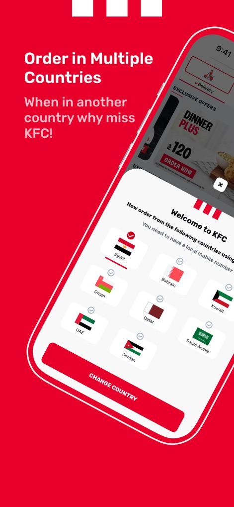KFC Egypt - Order Food Online - The app extends its reach beyond borders, allowing users to select from a list of regional countries and manage their preferred ordering location.