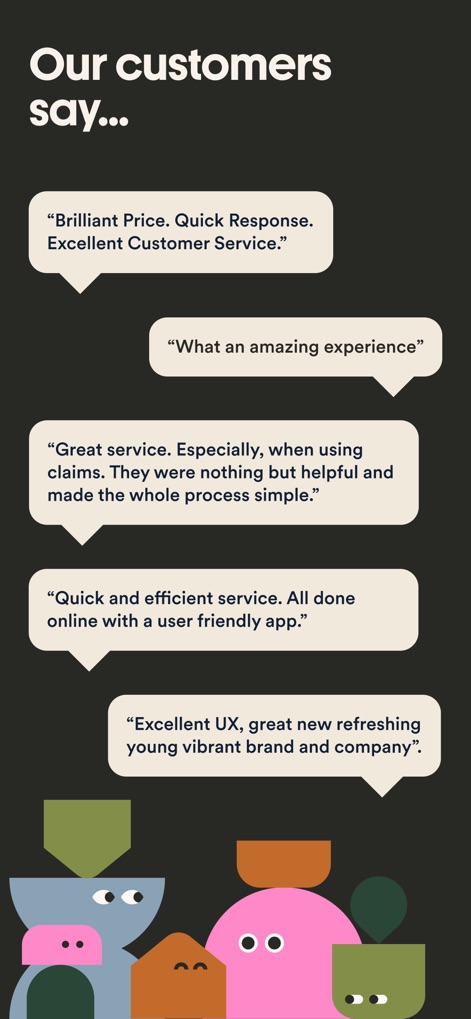 Marshmallow Insurance - Explore authentic customer testimonials and vibrant abstract character illustrations, showcasing positive user experiences with the app's service.