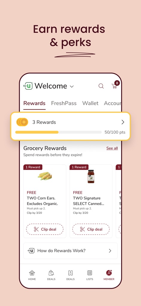 Safeway Deals & Delivery - 「リワード」セクションでは、ユーザーは現在のリワード進捗バーでポイントを追跡し、「無料のトウモロコシの穂」のような魅力的な無料商品オファーを獲得できます。