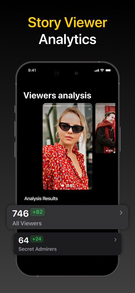 Followers Tracker - Reports - Permite a los usuarios analizar las visualizaciones de sus historias, mostrando el número total de "All Viewers" y destacando a los "Secret Admirers" para entender mejor la audiencia.