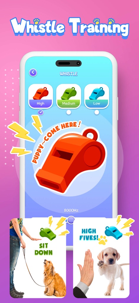 PawsTalk: Pet Translator - Questa schermata presenta le opzioni di fischio per l'addestramento (High, Medium, Low) e mostra due chiari esempi visivi di comandi eseguiti, "Sit Down" e "High Fives".