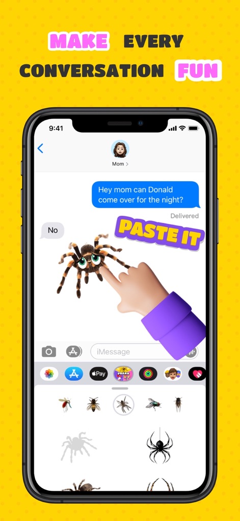 Prank App, Voice Changer - The app enhances messaging with hilarious sticker pranks, showcasing a large spider graphic being pasted into a conversation and a variety of insect-themed sticker options.