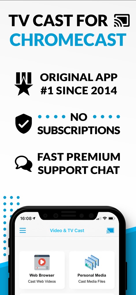 TV Cast for Chromecast ‣ - The app highlights its distinct 'No Subscriptions' advantage and the convenient access to 'Web Browser' and 'Personal Media' streaming.