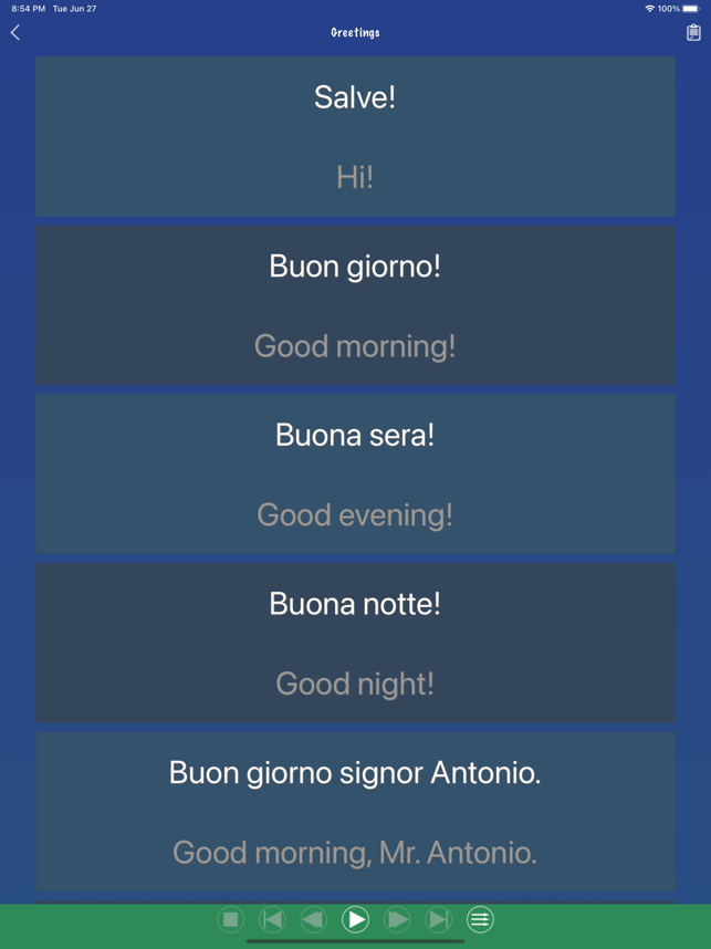 Снимак екрана за учење италијанских фраза