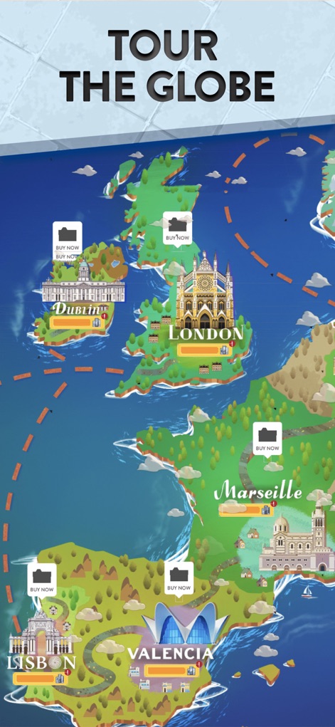 House Flip - L'app invita a un tour globale delle proprietà, consentendo agli utenti di acquistare e ristrutturare case in diverse città europee, evidenziate dalle etichette "BUY NOW" sulle località mappate.