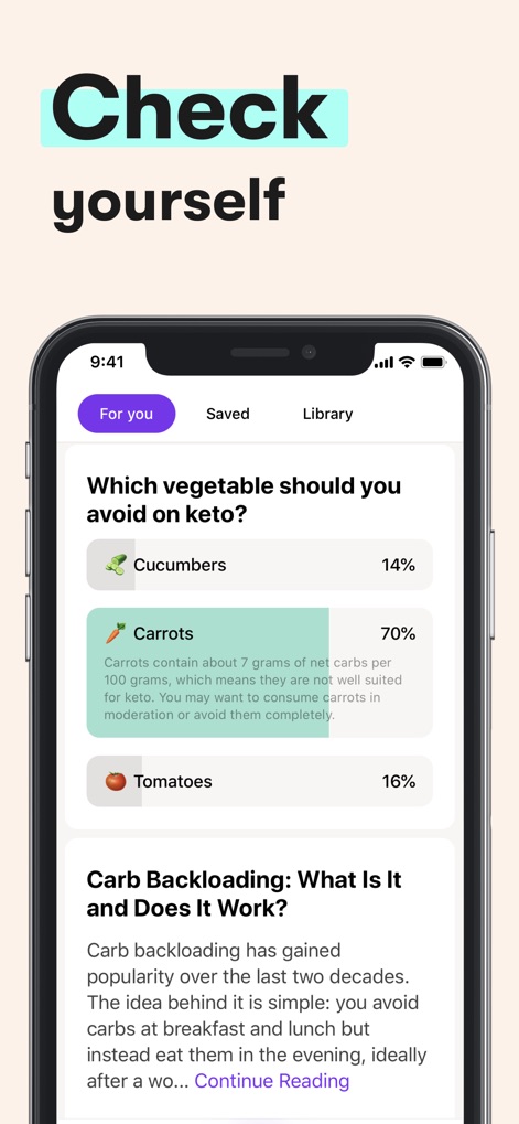 Keto Diet App － Carb Tracker - ユーザーはインタラクティブなクイズ形式でケトに関する知識を試すことができ、各食品がケトにどのように影響するかに関する具体的な説明を参照できます。