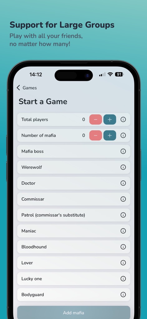 Mafia - Role game - The app enables hosts to customize game parameters by adjusting the 'Total players' count and assigning specific roles like 'Werewolf' or 'Doctor'.