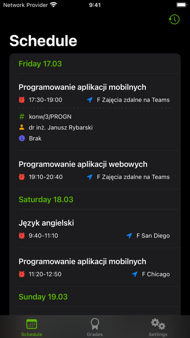 WSEI Schedule Screenshot