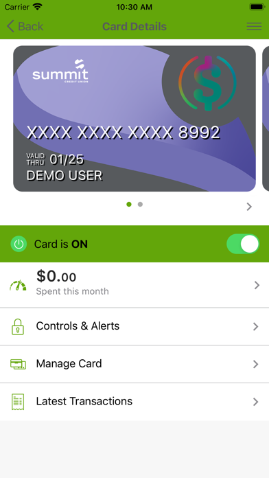 SCU Credit Card Controls Screenshot